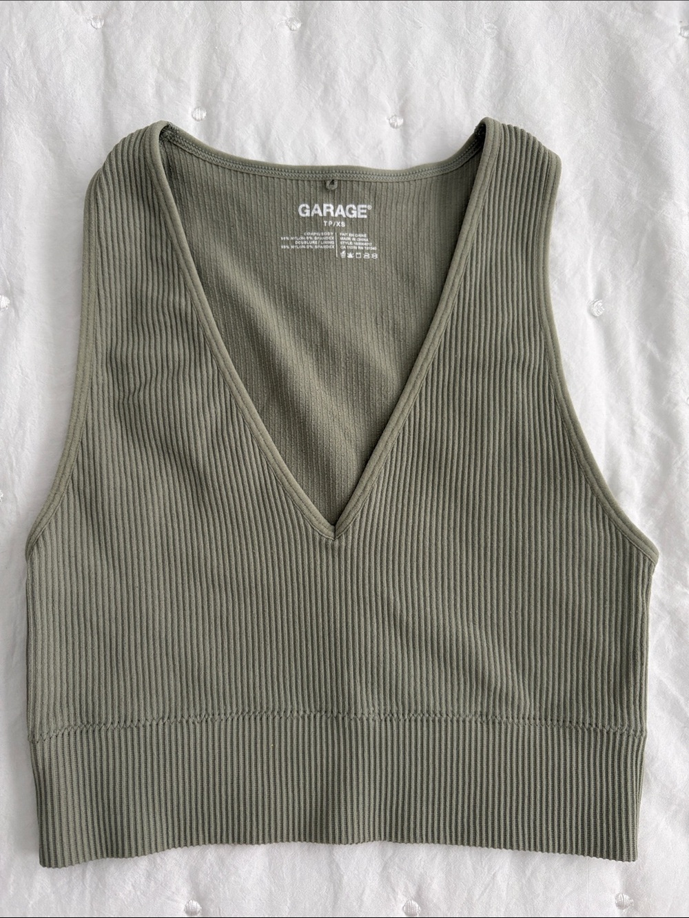 Garage Olive Ribbed V-Neck Crop Tank Top